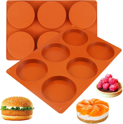 Palksky Silicone Molds for Baking (2 Pack), 6-Cavity Large Round Disc Mold for Hamburger, Chocolate Cake