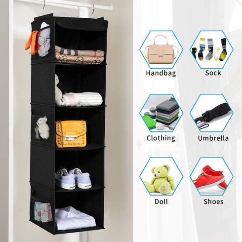 BrilliantJo 2 Pack Closet 5 6 43"x12"x12"(Black) Hanging Organizer, Shelves Hanging Storage with Side Pockets