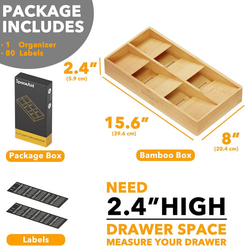 SpaceAid Bamboo Silverware Drawer Organizer: Kitchen Utensil Tray Holder with Labels, 6 Slots