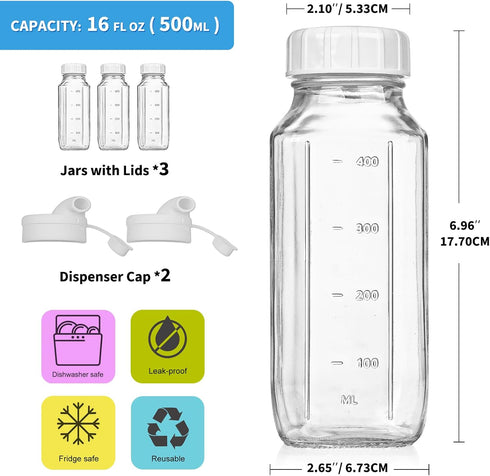 3 Pack 2 16 Oz 100% Syntic Glass Juice Bottles with Lids, Clear Glass Water Bottles w Pour Spouts, Reusable Milk Jug w