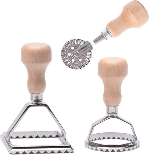 MASTER FENG Ravioli Stamp Maker Cutter Set with Roller Wheel, Wooden Handle, Fluted Edge, Pasta Press (MF-146)