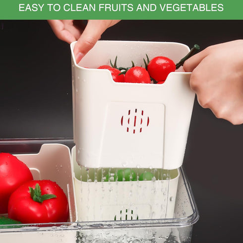 shopwithgreen Fruit Storage Containers with Lid and Handle, 4 Removable Colanders for Fridge, Portable Food Box