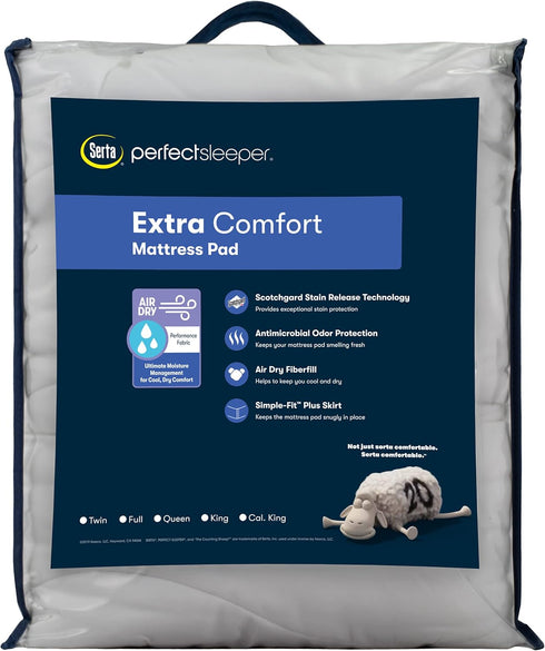 Serta Air Dry Extra Comfort Quilted Mattress Pad, Cooling & Breathable, 15" Deep Pocket, Twin, White