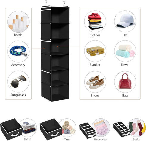 Univivi Hanging Closet Organizer with 6 Shelves, 4 Removable Drawers & 6 Side Pockets, Foldable Wardrobe Storage
