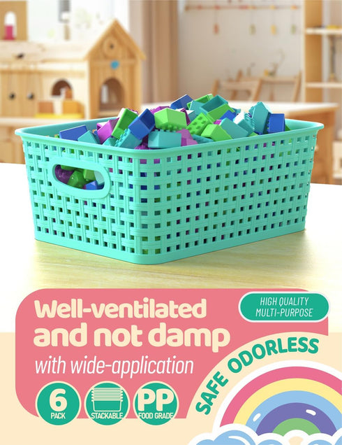 WYT 6-Pack Plastic Small Shelf Storage Weave Baskets, Organizing for Cabinets and Pantries, Sky Blue