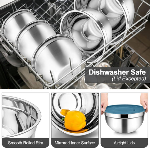 TeamFar Mixing Bowls with Lids, 5PCS Stainless Steel Salad Bowls with 3 Grater Attachments for Cooking and Serving