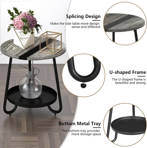 2 Tier Coffee Table in Living Room, Industrial Style Round Coffee Table with Metal Tray, Wood Small Outdoor Coffee