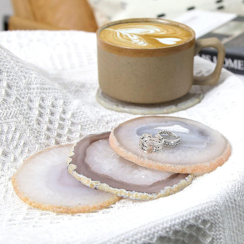 Natural Agate Coaster Set of 4, 3.5-4" Crystalline Geode Stone Coasters for Drinks, Coffee Table Decor, Agate Slices
