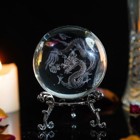 HDCRYSTALGIFTS 2.4 inch (60mm) Chinese Dragon Crystal Ball with Silver-Plated Stand, Fengshui Home Decoration
