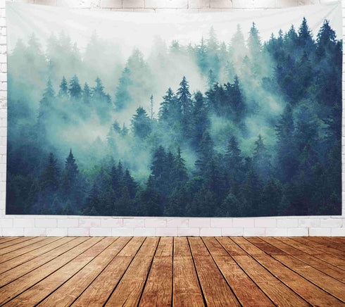 EMMTEEY Misty Forest Tapestry, Nature Scenic Mountain Tapestry, Green Tree Landscape Foggy Fir Pine Forest 80x60 Inches