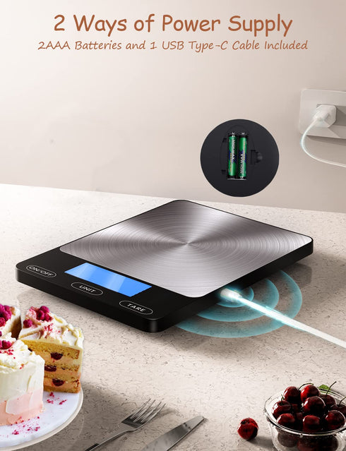 Food Scale - 33lb Digital Kitchen Scale for Food, Ounces, Grams, Rechargeable 304 Stainless Steel, Black