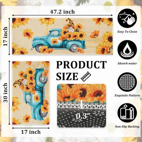 Sunflower Kitchen Rugs Decor Set of 2, Retro Style Non-Slip Kitchen Mat with Rubber Backing