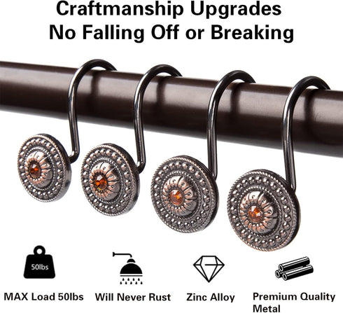 Decorative Bronze Shower Curtain Hooks, Rust Proof Rings for Bathroom, 12Pcs Shower Curtain Liner Hooks