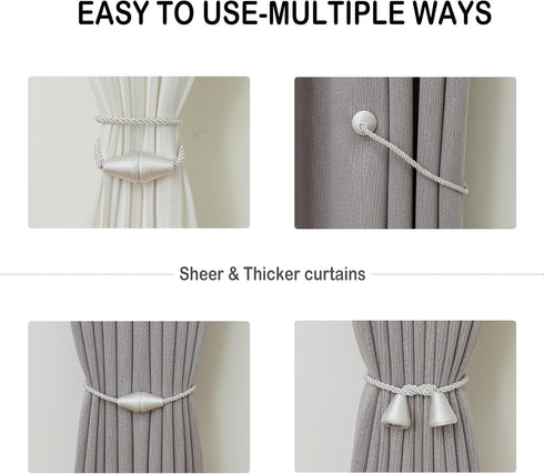 Magnetic Curtain Tiebacks 2 Pack, Outdoor Rope Tie Backs for Decorative Window Treatment, White
