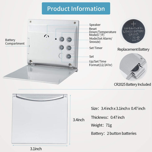 Digital Travel Alarm Clock, Battery Operated, Portable Large Number Display with Temperature, Silver