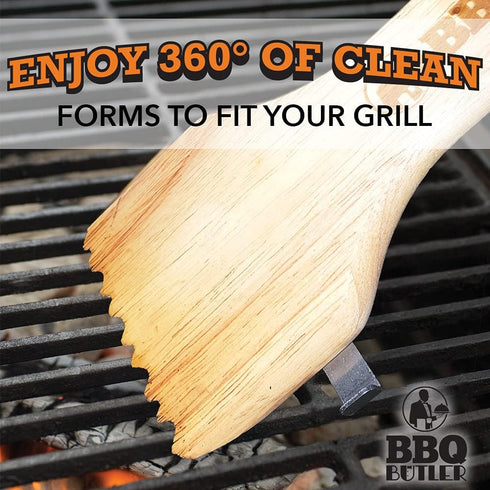 Wood Grill Scraper, Food Safe Oak Barbecue Cleaner with Metal Scraping Hook and Bottle Opener