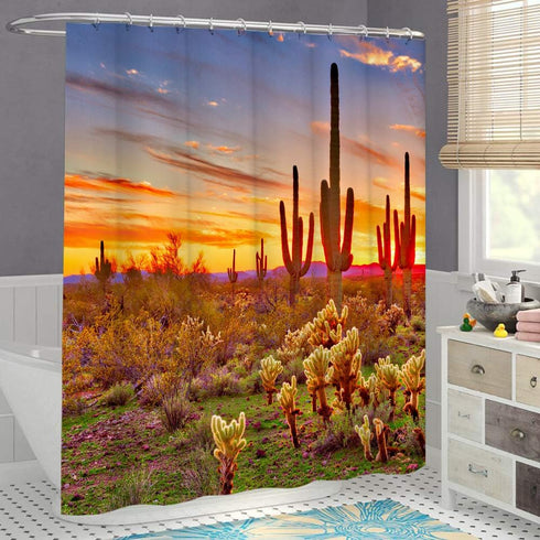 LUKUY Saguaro Shower Curtain, Arizona Desert Landscape with Cactus Mountain Sunset, Cloth Fabric Bathroom Decor Set