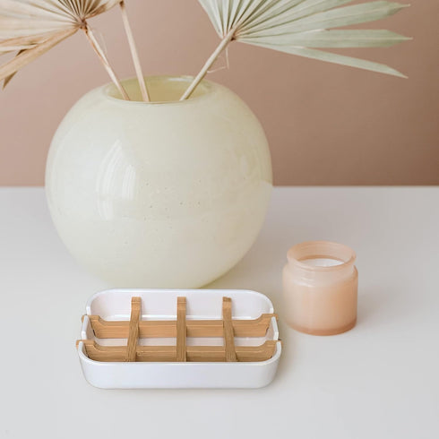 Aoheuo Modern Bamboo Fiber Soap Holder and Dish Combination, Removable, 5.12 Long, 3 Wide, White, 2 Pack