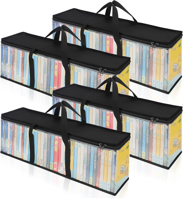 CCidea DVD Storage Bags (Set of 4), Clear PVC Media Holder Case with Handles for DVDs, CDs, Blu Ray Discs