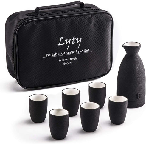 Ceramic Sake Set with Cups + Keep Sake Storage Box - Traditional Porcelain Pottery Drink Set Kit, 7-Piece