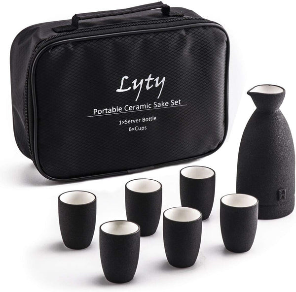 Ceramic Sake Set with Cups + Keep Sake Storage Box - Traditional Porcelain Pottery Drink Set Kit, 7-Piece