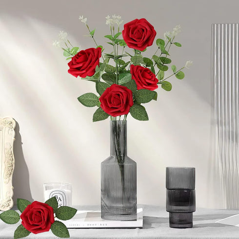 AmyHomie 50pcs Dark Red Artificial Flowers, Real Looking Fake Roses with Stem for DIY Wedding Bouquets, Centerpieces,