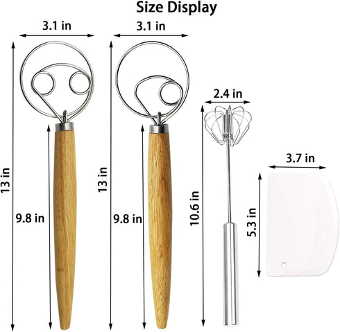 Danish Dough Whisk Kits - 2 Pack Premium Stainless Steel Dutch Whisk & 1 Pack Hand Push Rotary Whisk Blender