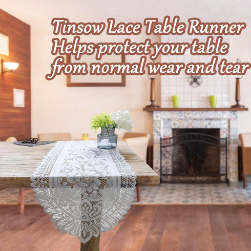 Tinsow 2 Pack Cotton Crochet Lace Rectangular Table Runner, Dresser Scarf Doilies (White Style, 13" X 44")