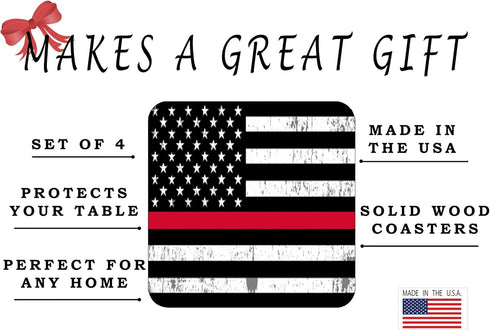 Rogue River Tactical Thin Red Line USA Flag Tattered Drink Coaster Set of 4, Gift for Firefighter Fire Department Home