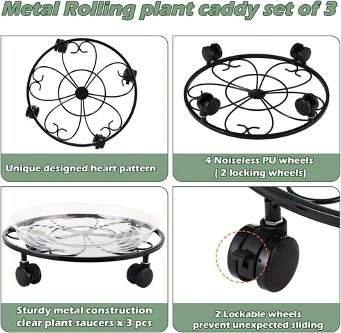 DEELF OUTLET 3 Packs 13 inches Large Metal Plant Caddy with Wheels Round Planter Dolly Pot Mover Rollers Wrought Iron