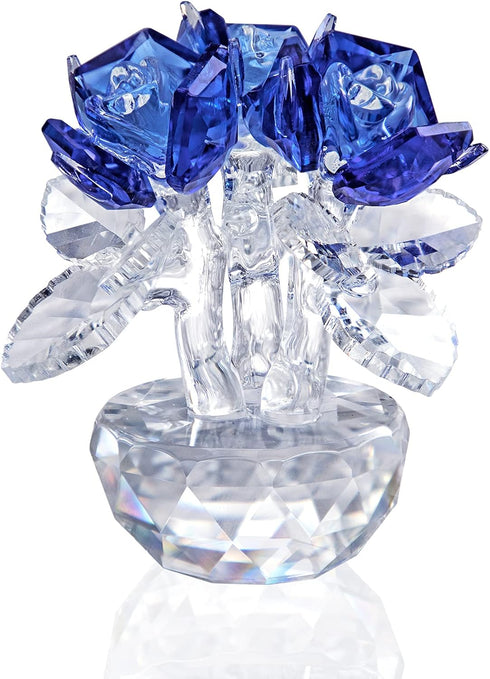 H&D HYALINE & DORA Blue Crystal Rose Flowers Figurines Ornament with Gift Box