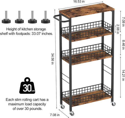 Slim Rolling Storage Cart, 4 Tier Kitchen Utility Cart with Wheels, Narrow Bathroom Shelving Unit, Brown