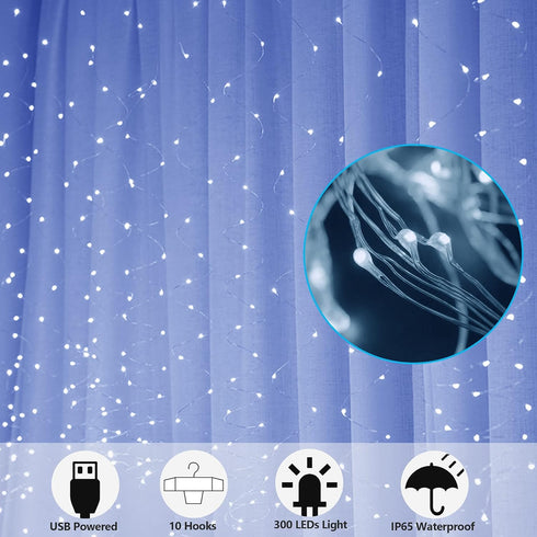 HOME LIGHTING Window Curtain String Lights, 300 LED Fairy Copper Light with Remote, USB Powered Waterproof for