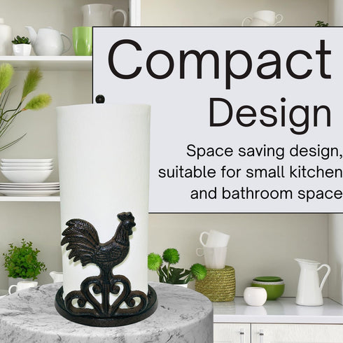 Decoronix 12" Countertop Country Rustic Elegance Cast Iron Rooster Paper Towel Holder - Freestanding Kitchen Accessory