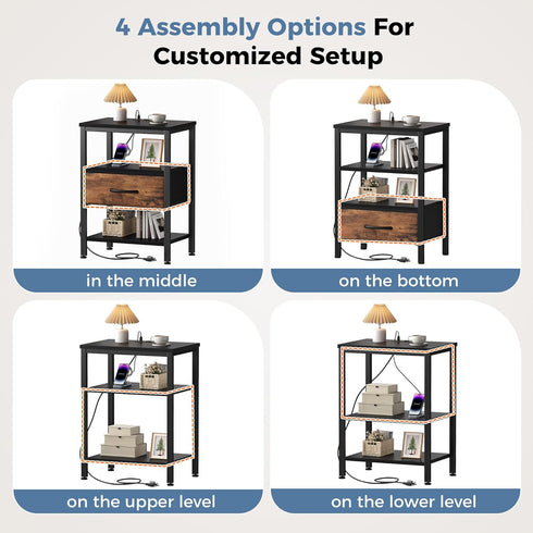 OLIXIS Nightstand with Charging Station, Bedside Tables with USB Ports and Fabric Drawer, Small Night Stand with Open