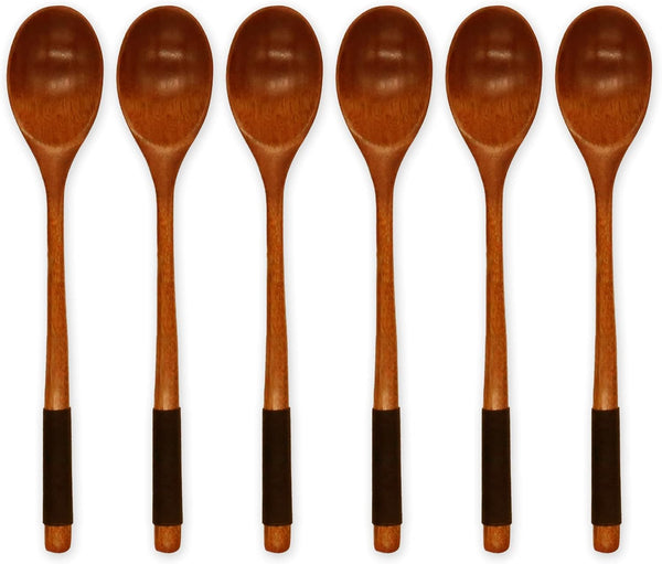 Muulaii 6 Pieces Wooden Spoons, 9 Inch Long Handle Soup Spoons, Japanese Style Kitchen Utensil for Korean Food Cooking
