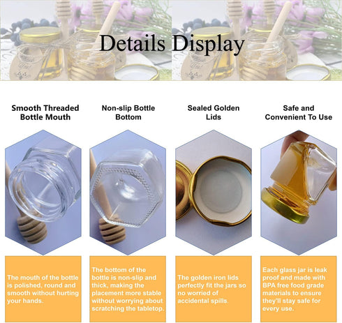 20 Pack 1.5 oz IIKUM Glass Honey Jars, Hexagon Honey Pots with Lids, Wooden Dippers, Bee Pendants, Gift Bags, Thank You
