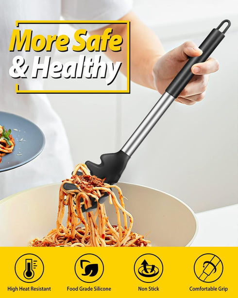 Kitchen Heat Resistant Silicone Pasta Fork, Pack of 2 Noodle Spoon Server, BPA Free Spaghetti Strainer, Best Cooking
