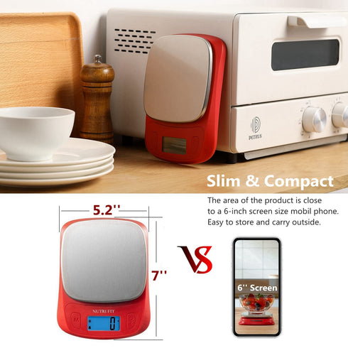 NUTRI FIT Ultra Slim Digital Kitchen Food Scale in Red/Stainless Steel, 1g Increment Measure for Coffee Making