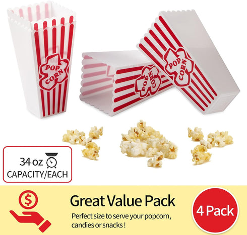 Plastic Popcorn Containers, Red & White Striped Retro Style Reusable Popcorn Boxes for Movie Night, 4”x8” (4 Pack)