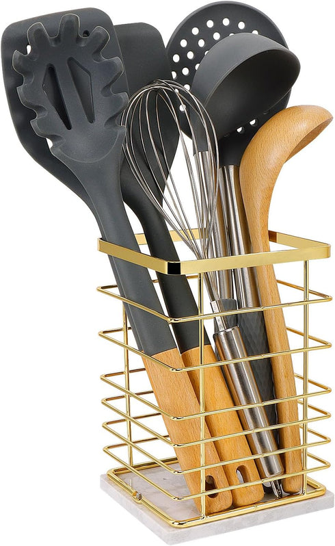 Square Kitchen Utensil Holder - Sturdy Metal Rack for Countertop Storage, Stylish Utensil Caddy with Drainage Hole