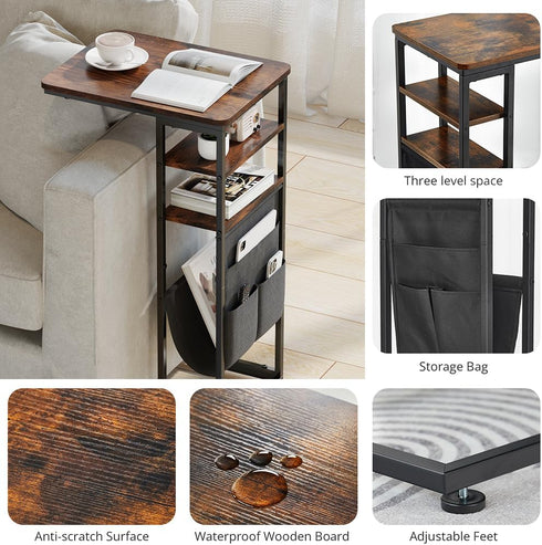 28"(H) 3-Tier C Shaped End Table C Table with Storage Bag, Under Couch Table C-Shaped End Table with Storage Shelves