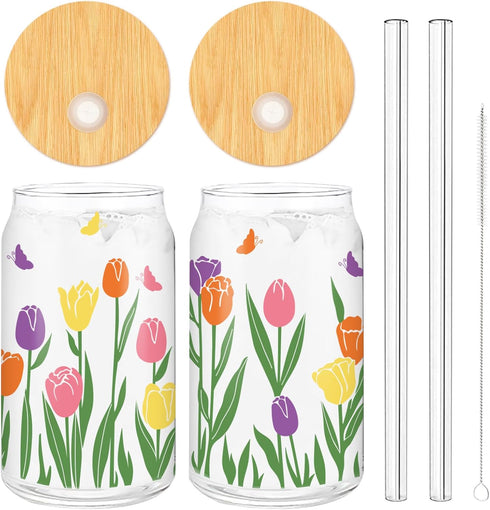 Whaline 2 Pack Spring Iced Coffee Cup, Colorful Tulip Flower Glasses with Lid, Straw, Cleaning Brush for Home Gifts