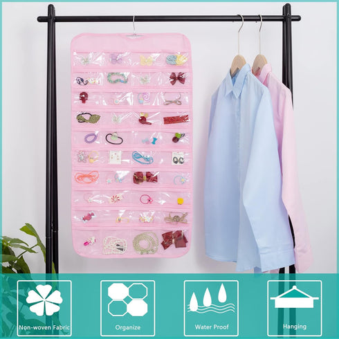 80-Pocket Jewelry Organizer 1-Pack, Dual-sided Storage for Earring Necklace Bracelet Ring Travel Holder, Pink