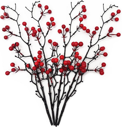 Artificial Red Berry Stems, Fake Holly Berries Branches Picks Faux Twig Plant