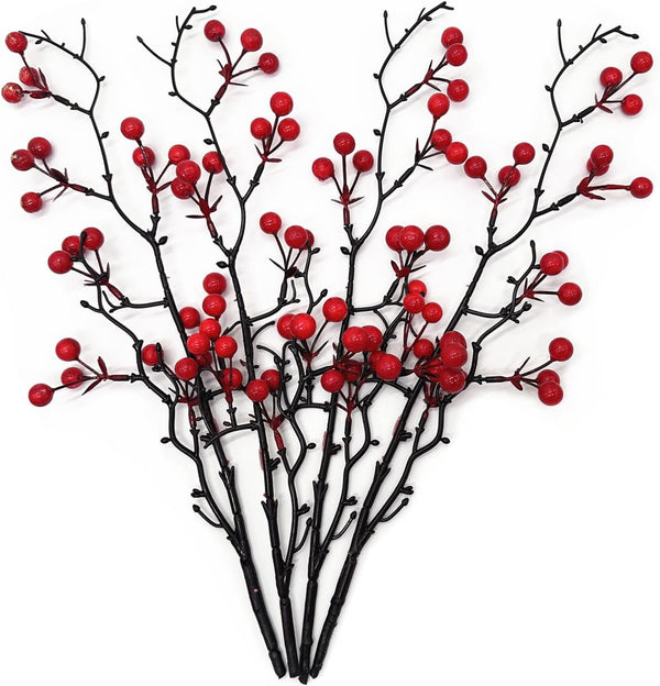 Artificial Red Berry Stems, Fake Holly Berries Branches Picks Faux Twig Plant