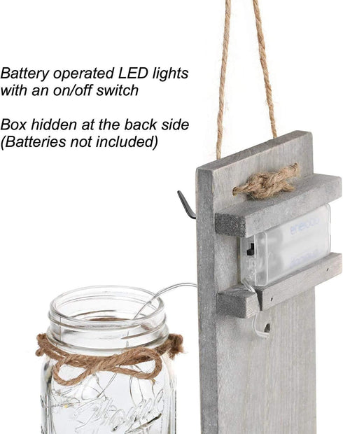 iDECOE 6 (Set 2) Premium Mason Jar Wall Decor Sconces - Rustic Grey Decorative Wall Decor with LED String Lights, Hours