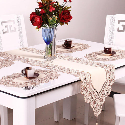 15" 69" X Vintage Flower Embroidered Table Runner, Classic Polyester Lace Cream Floral Dresser Scarves Party Dining