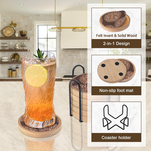 Cewiru Set 6 4.3" Wood Coasters of with Holder, Cup Mat for Drinks, Absorbent Coasters with Felt Insert for Coffee