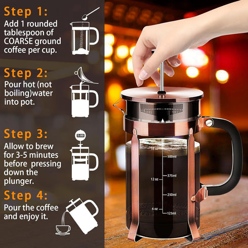French Press Coffee Maker, 304 Stainless Steel, 4 Filters System, Heat Resistant Borosilicate Glass